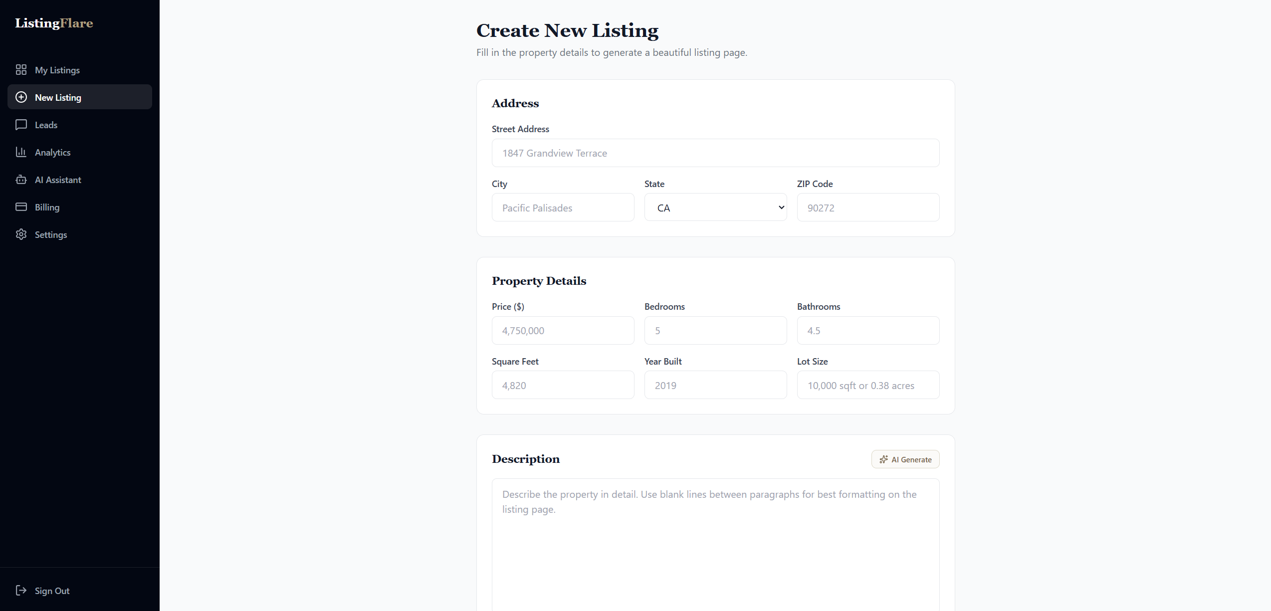 ListingFlare AI-powered listing description generator creating professional property descriptions for real estate agents