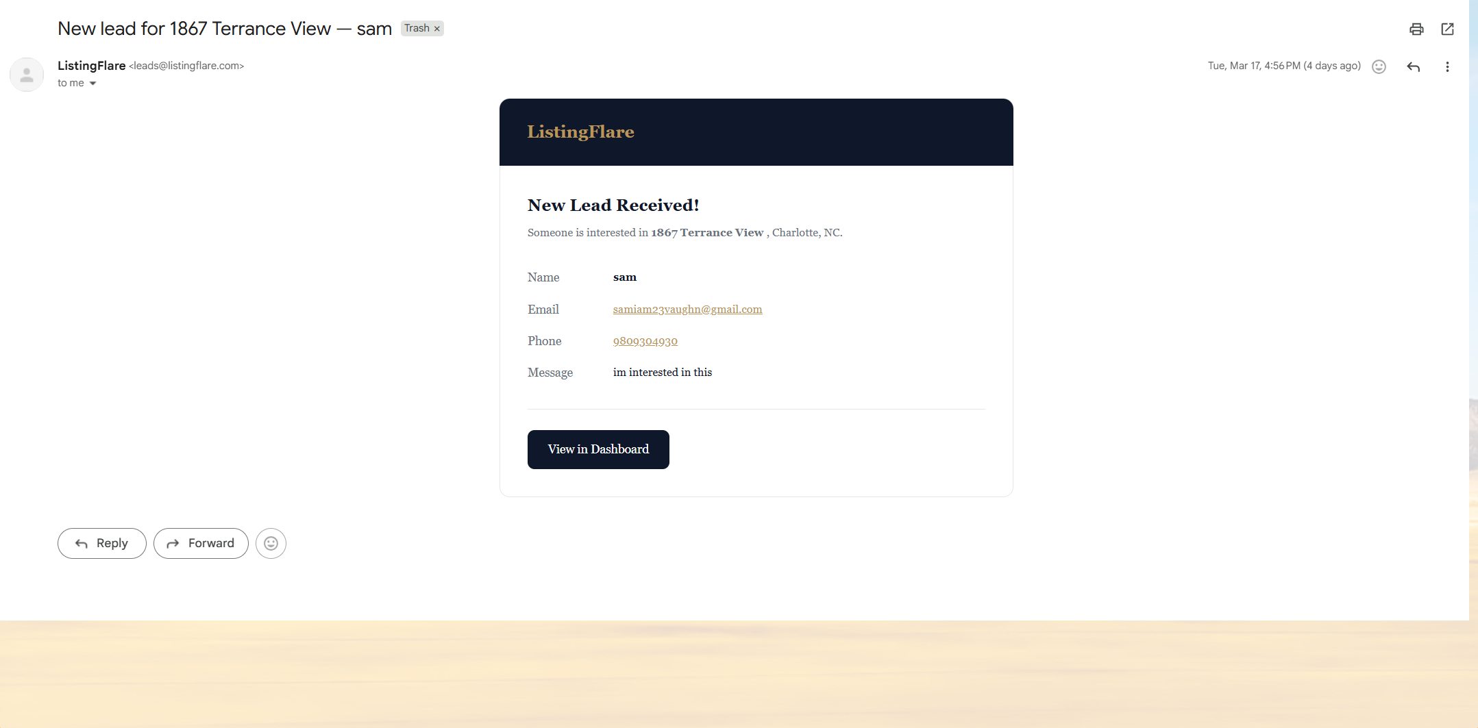 ListingFlare AI auto-reply system drafting personalized follow-up emails for real estate leads