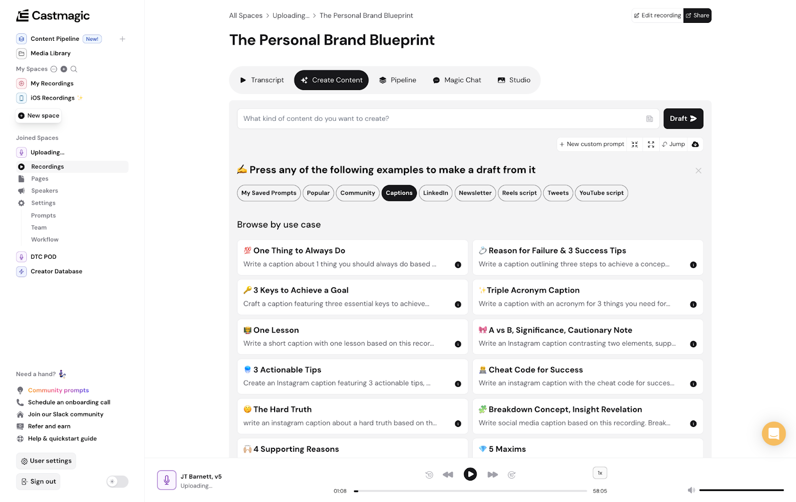 Castmagic AI content repurposing platform turning real estate podcast episodes and videos into blog posts and social content