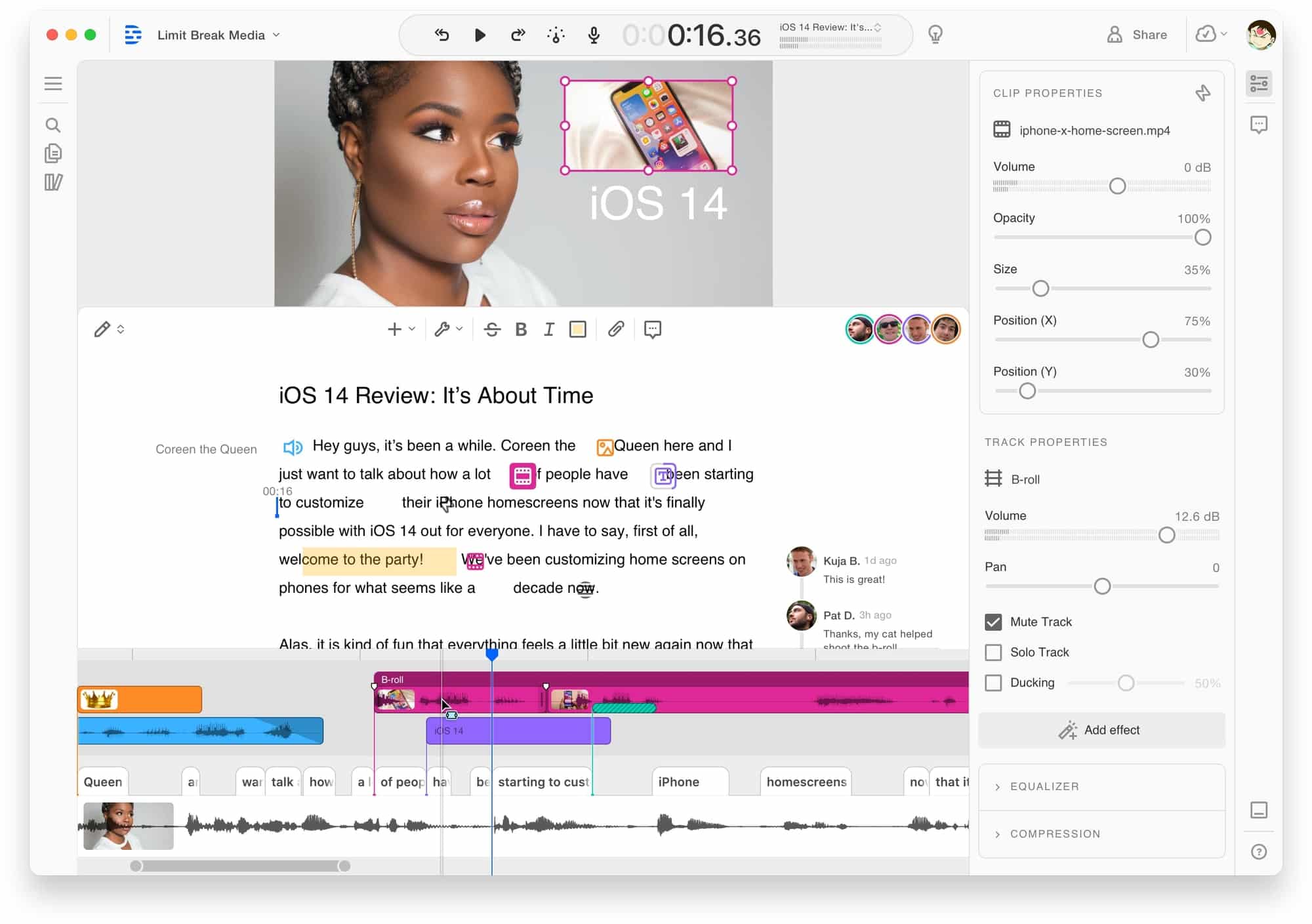 Descript AI video editing platform showing text-based editing interface for real estate listing tour videos