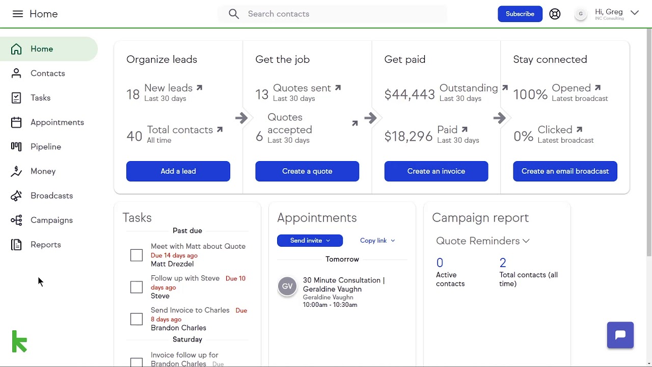 Keap CRM and marketing automation platform showing lead management and follow-up sequences for real estate agents