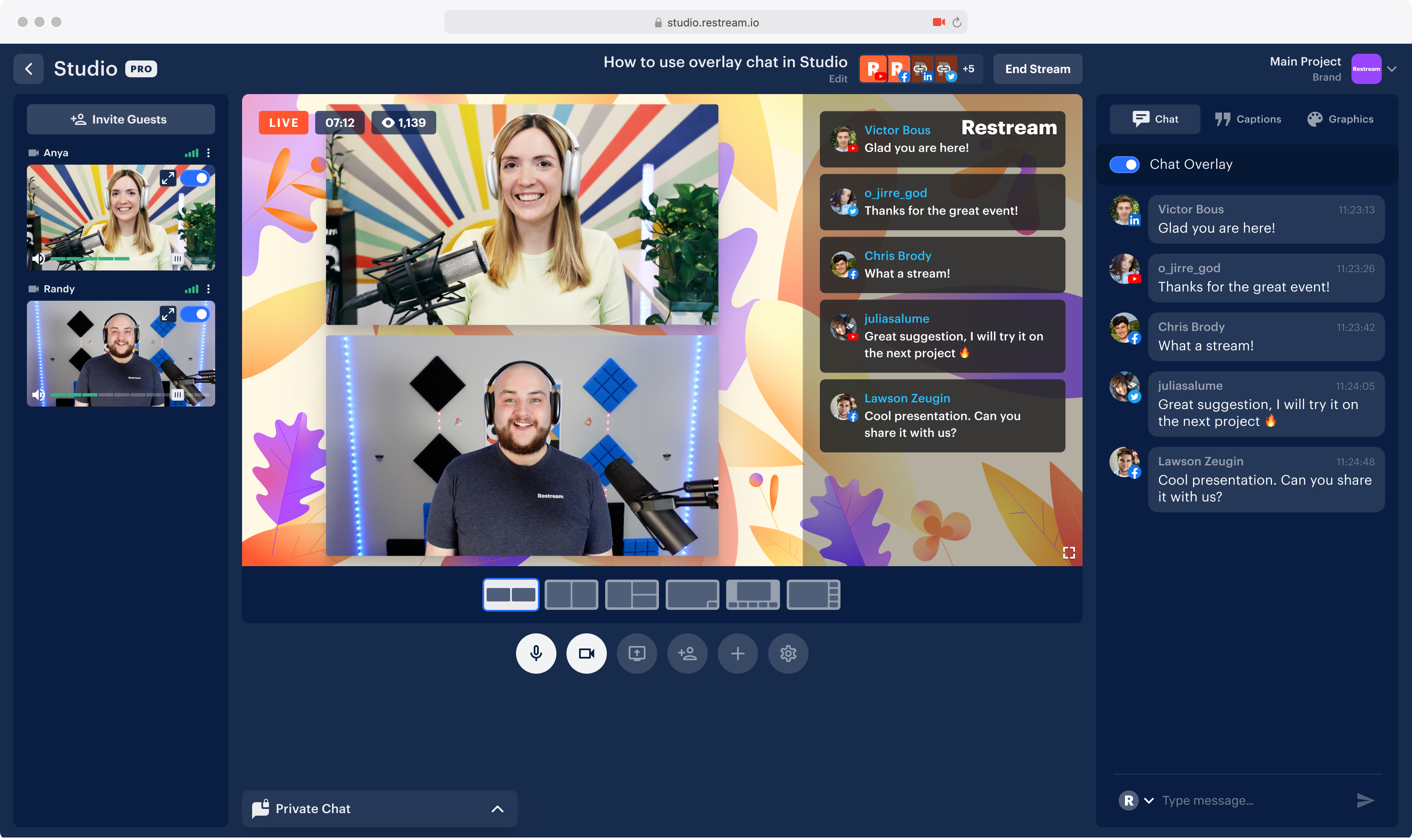 Restream live streaming studio interface for broadcasting real estate open houses and market updates to multiple platforms