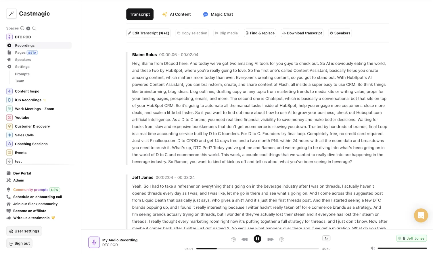Recording content in Castmagic for AI repurposing