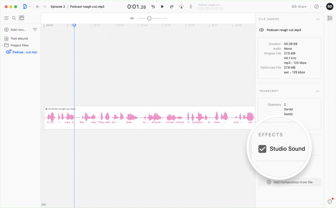 Descript Studio Sound noise removal for real estate recordings