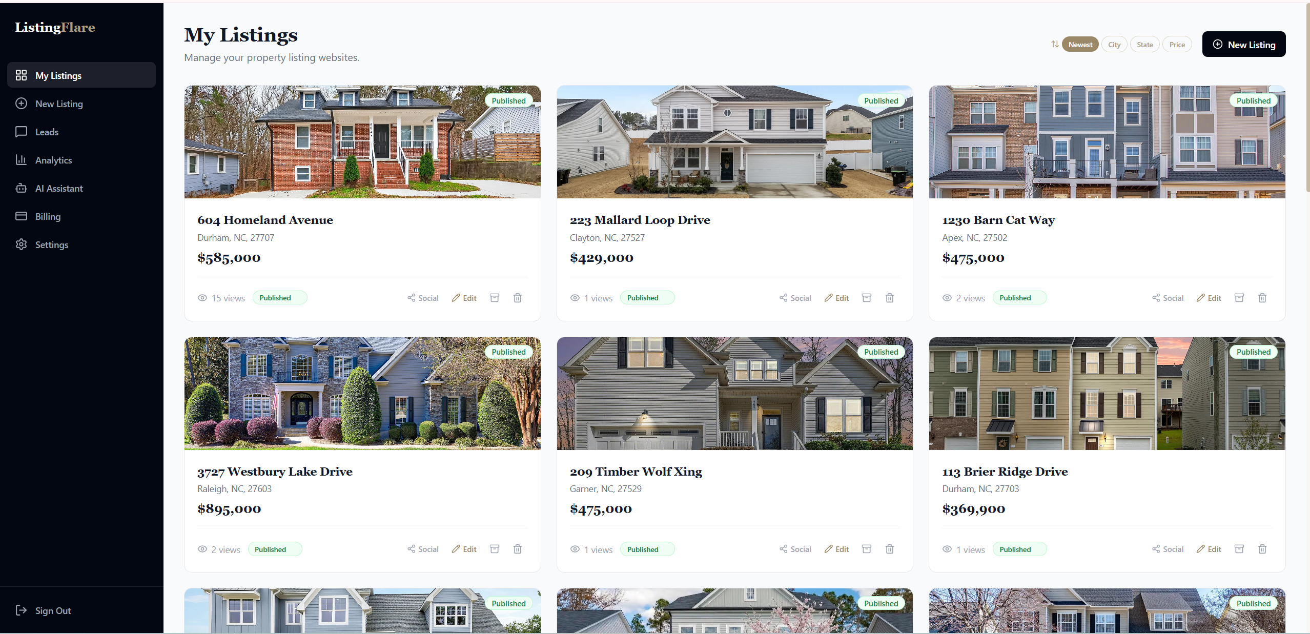 ListingFlare dashboard showing multiple property listings with lead tracking and analytics for real estate agents