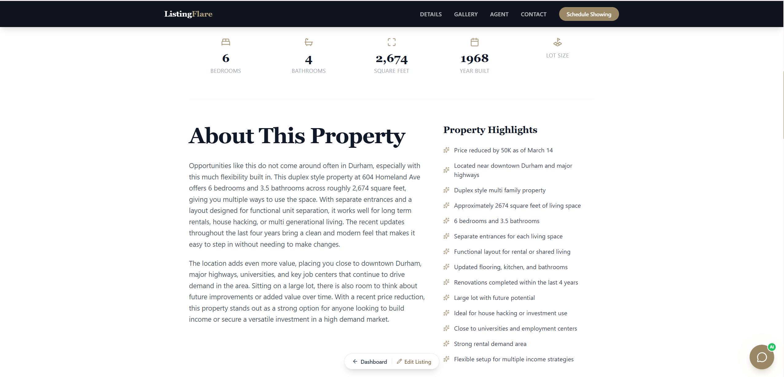 ListingFlare single-property website showing property details, highlights, and AI-powered lead capture for real estate agents