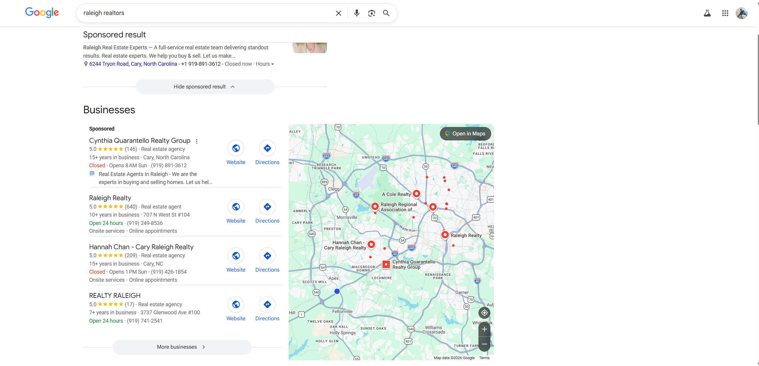 Google search results page showing local real estate agent listings and map pack representing local SEO lead generation