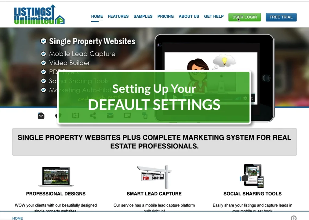 Listings Unlimited platform showing video builder and unlimited single property website features
