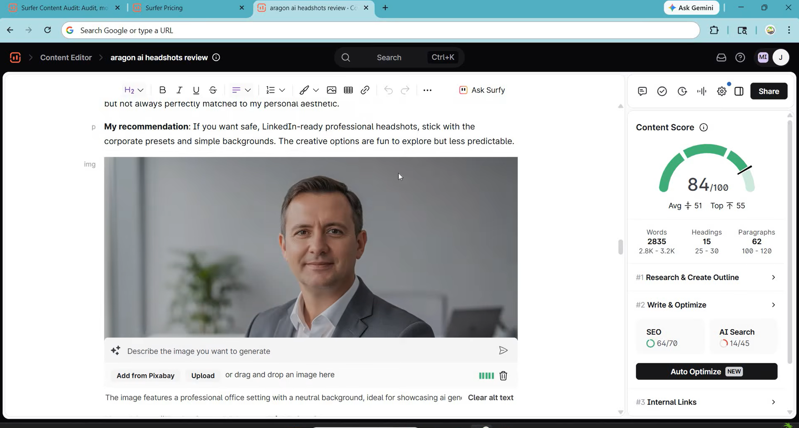 Surfer SEO content score reaching 80 or above for page one ranking