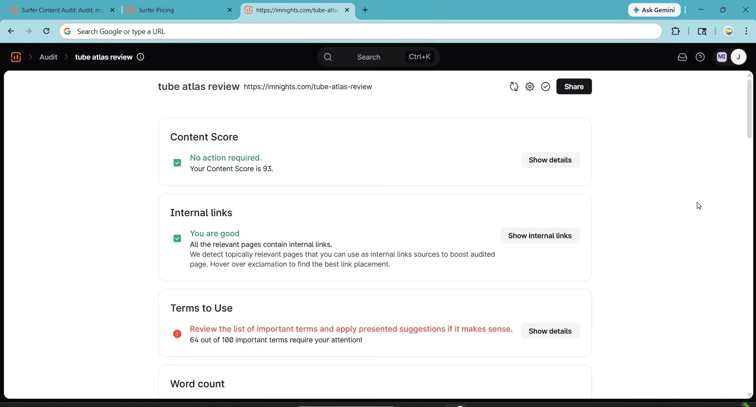 Reviewing Surfer SEO content brief for real estate blog post